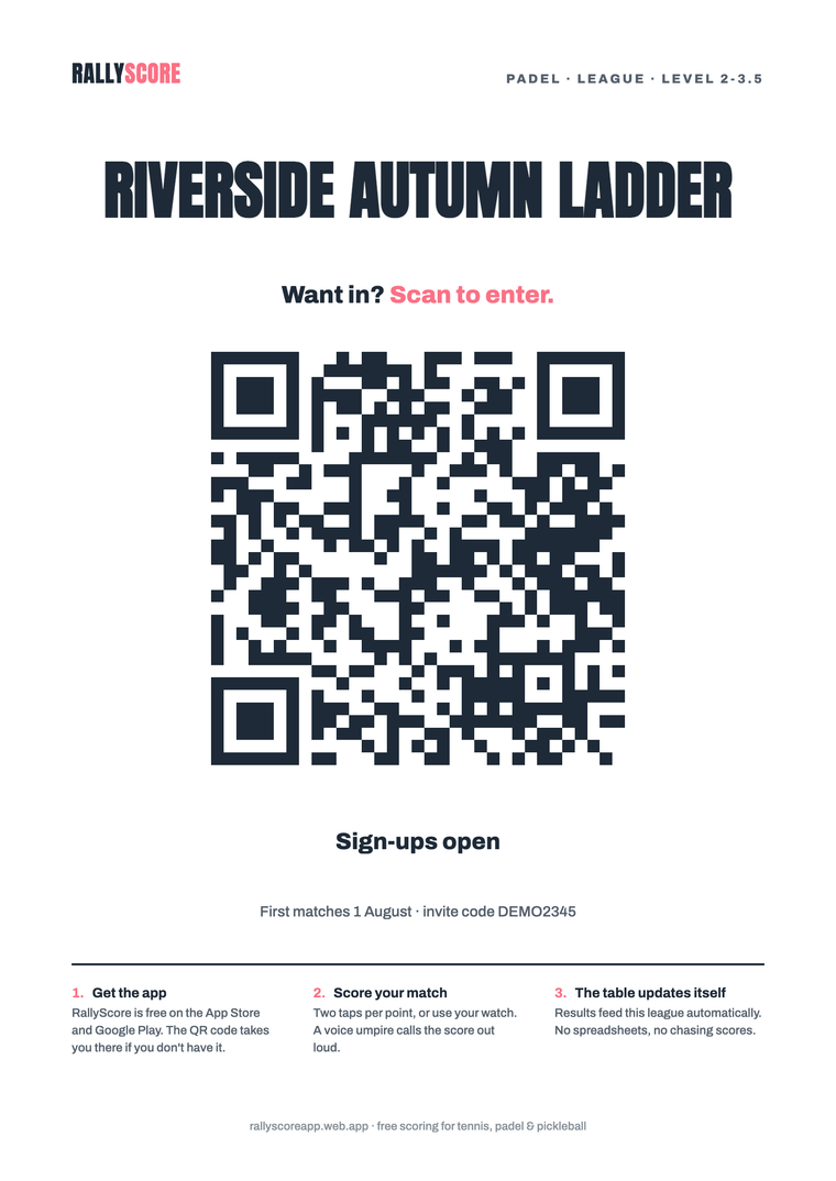 Printable court poster with QR code that players scan to join